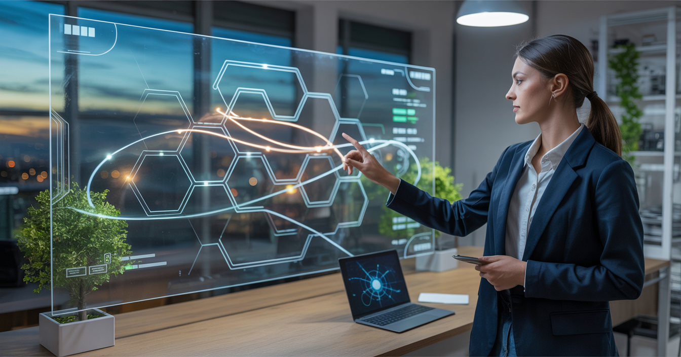 CIO overlooking a digital map of interconnected systems, with bright and chaotic paths symbolizing successful and misaligned digital transformations.