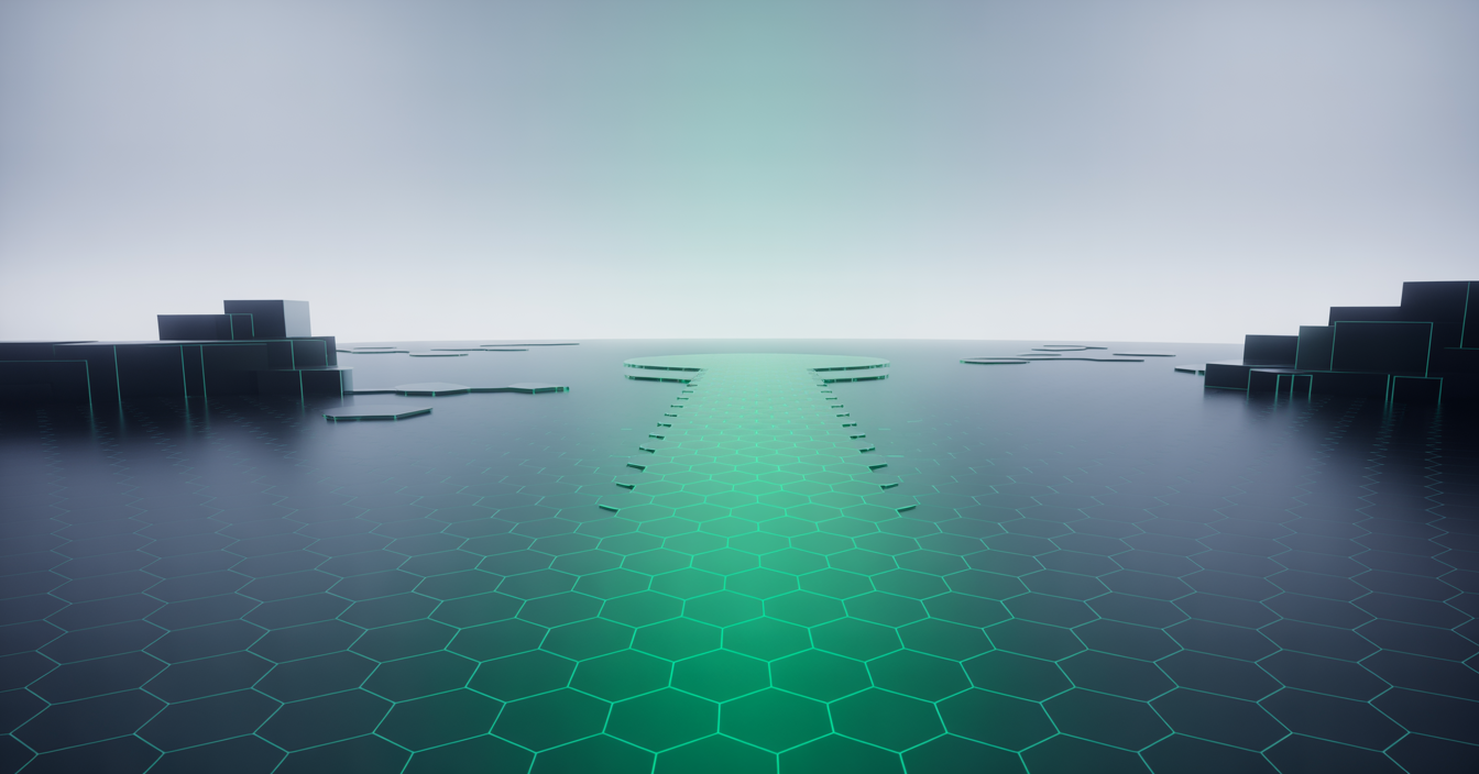An emerald-green hexagonal path emerges from digital complexity, leading confidently toward a clear horizon — symbolizing the roadmap and confidence Dategro brings to post-deal IT integration.