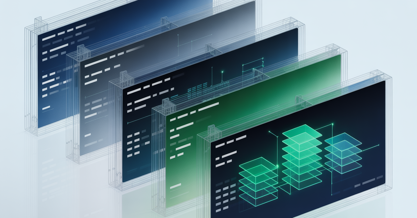 A layered visual of overlapping, chaotic system diagrams in the background contrasts with one clean, structured IT architecture in emerald and navy — illustrating the difference between shadow IT and strategic clarity.