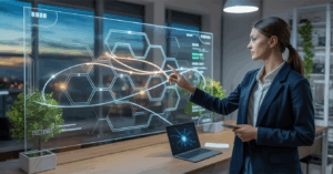 CIO overlooking a digital map of interconnected systems, with bright and chaotic paths symbolizing successful and misaligned digital transformations.