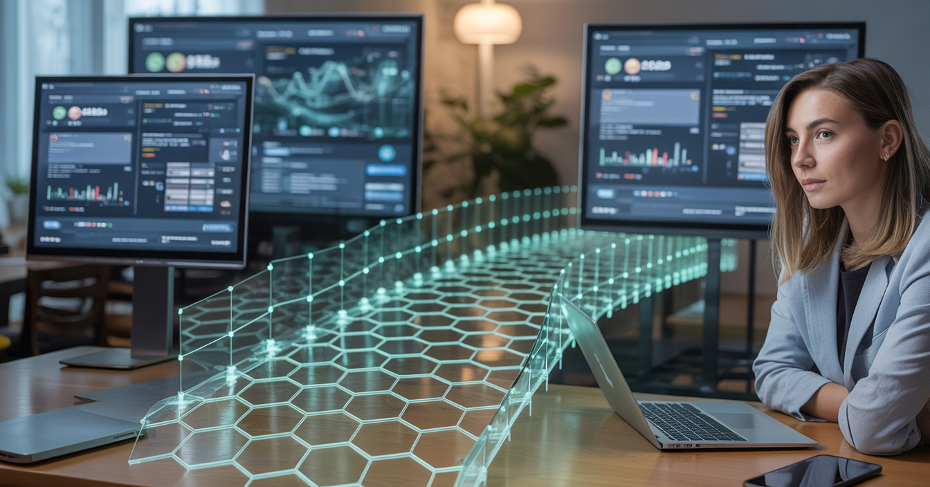 Emerald-green digital bridge crossing from fragmented platforms to a cohesive IT ecosystem, symbolizing guided transformation with CIO alignment.